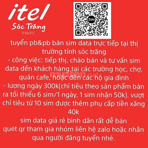 Tuyển nhân viên PB&PG tiếp thị bán sim data iTel Sóc Trăng