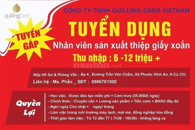 TUYỂN THỢ LÀM THIỆP GIẤY XOẮN TẠI CN CỦ CHI