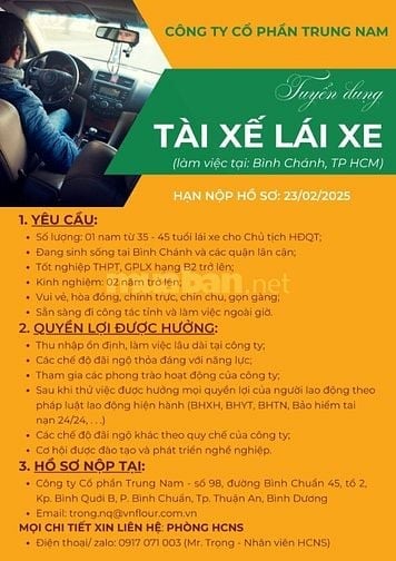 Tài xế lái xe cho sếp (Bình Chánh, TPHCM)