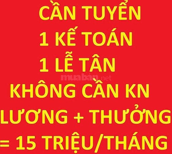 Tuyển 1 kế toán - 1 lễ tân, không cần kinh nghiệm, Lương + thưởng=15tr