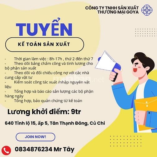 Cần tuyển KẾ TOÁN SẢN XUẤT không yêu cầu kinh nghiệm