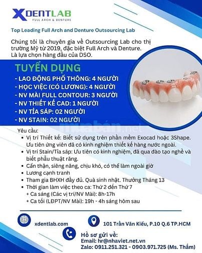 CTY XDENT tuyển LĐPT làm ca sáng & ca tối tại Quận 6