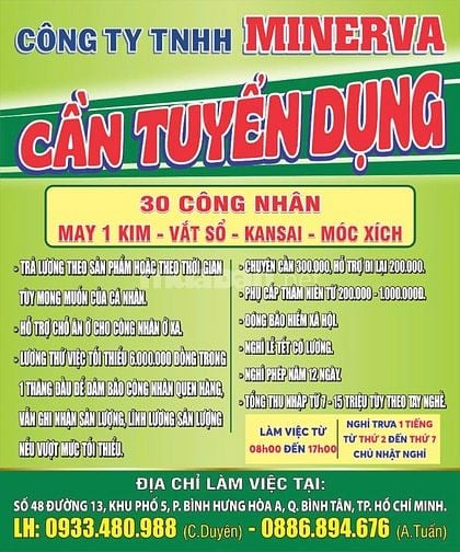 Công ty TNHH Minerva cần tuyển dụng: 30 công nhân thợ may 