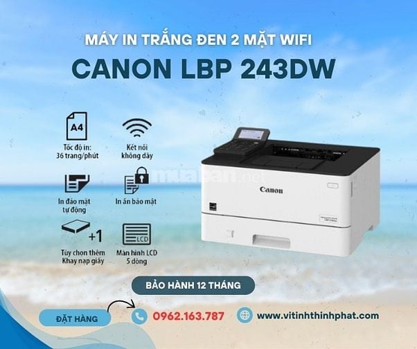 Máy in laser trắng đen Canon LBP 243dw in 2 mặt, in wifi tiện lợi