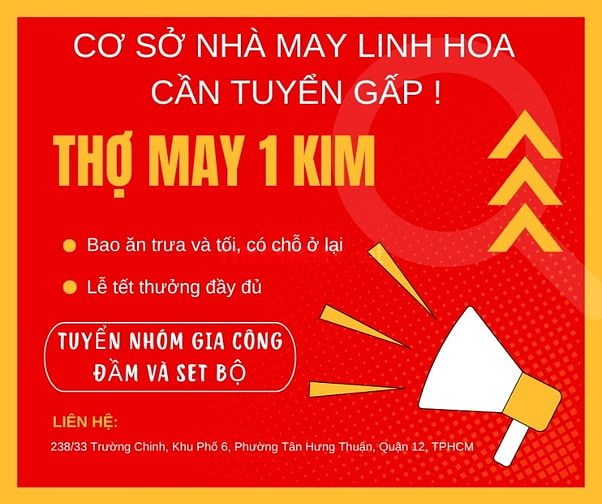 CƠ SỞ NHÀ MAY LINH HOA CẦN TUYỂN GẤP THỢ MAY 1 KIM