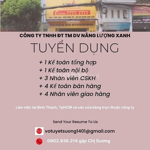 CÔNG TY TNHH ĐT TM DV NĂNG LƯỢNG XANH CẦN TUYỂN GẤP: