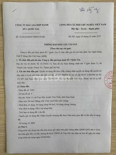 Công ty đấu giá hợp danh số 1 Quốc Gia thông báo bán đấu giá tài sản