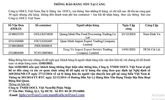 Công ty OOCL Việt Nam THÔNG BÁO HÀNG TỒN TẠI CẢNG