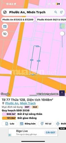 Bán đất tại Xã Phước, An,Nhơn Trạch,Đồng Nai,1048m2 đẹp,nhiều tiện ích