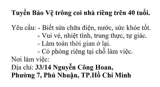 Chủ nhà cần Tuyển Bảo Vệ trông coi nhà riêng