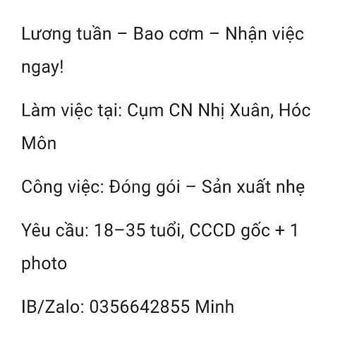 VIỆC LÀM HÓC MÔN KHU CÔNG NGHIỆP 