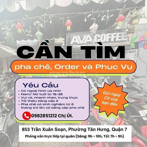 Ava Coffee Quận 7 cần tuyển  pha chế,  Order và  Phục Vụ