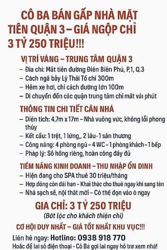 CẦN BÁN GẤP NHÀ MẶT TIỀN QUẬN 3 – GIÁ NGỘP CHỈ 3 TỶ 250 TRIỆU