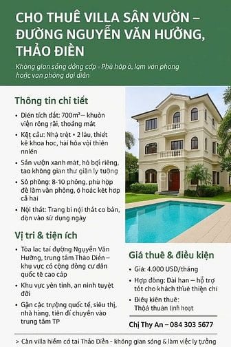 CHO THUÊ VILLA SÂN VƯỜN HỒ BƠI, 10 PHÒNG ĐƯỜNG NGUYỄN VĂN HƯỞNG, THẢO 