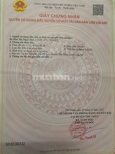 Bán đất full thổ cư DT 1270m2, ấp Bà Nghiệm, xã Mỹ Lạc, Long An, 2,5tỷ