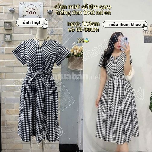 đầm caro đen trắng kèm dây thắt nơ eo