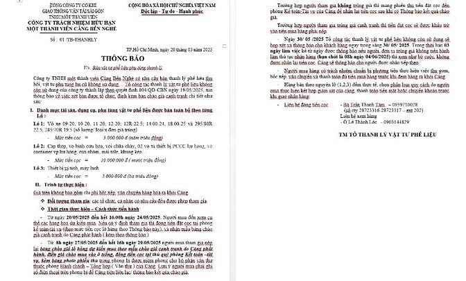 Cty TNHH MTV Cảng Bến Nghé thông báo v/v bán vật tư phế liệu thanh lý