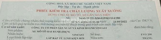Mất phiếu xuất xưởng xe máy điện Vinfast Evo 200