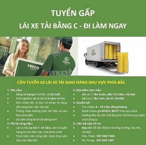 [TUYỂN GẤP] LÁI XE TẢI BẰNG C – ĐI LÀM NGAY