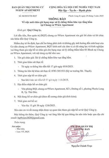 Chào giá về hạng mục xử lý chống thấm chung cư 9View