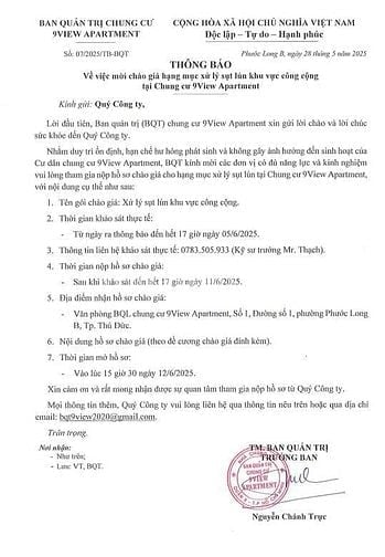 Chào giá về hạng mục xử lý chống thấm chung cư 9View