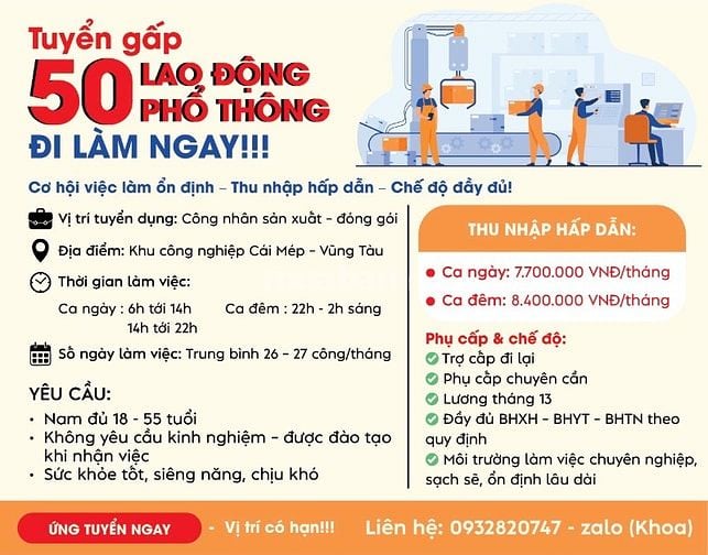 Tuyển gấp 50 Lao động phổ thông Khu công nghiệp Cái Mép – Vũng Tàu