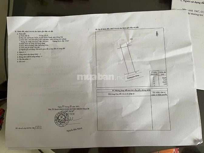CẦN BÁN LÔ ĐẤT 5x20m TÁI ĐỊNH CƯ XÃ PHƯỚC THIỀN, NHƠN TRẠCH, ĐỒNG NAI 