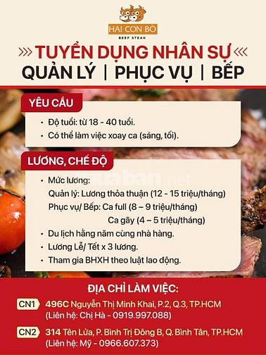 TUYỂN GIÁM SÁT NHÀ HÀNG khu vực Bình Tân, Q5, Q8 , Q6, Tân Phú