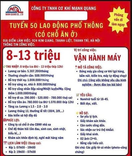 Công Nhân Đứng Máy Lương Từ 8 - 13 Triệu