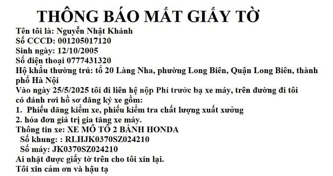 THÔNG BÁO MẤT GIẤY TỜ Phiếu đăng kiểm và hoá đơn giá trị gia tăng