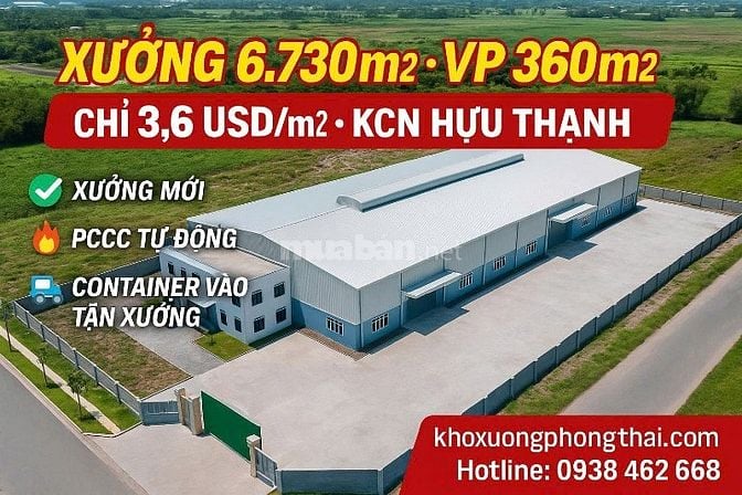 Cho thuê nhà xưởng KCN IDICO Hựu Thạnh,Long An,KV: 10.000m2,X: 6.730m2