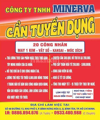 Công ty TNHH Minerva cần tuyển dụng 30 công nhân may 1 kim, vắt sổ...