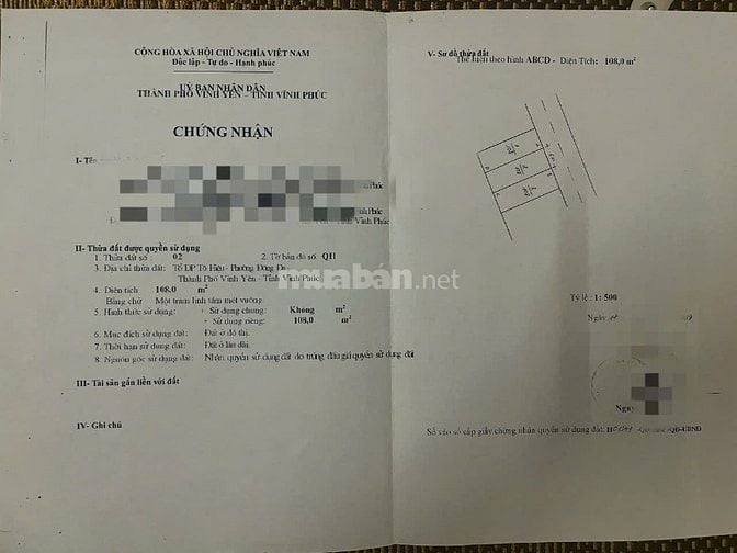 Bán lô đất 108m cạnh nhà văn hóa TDP Tô Hiệu phường Đống Đa Vĩnh Yên
