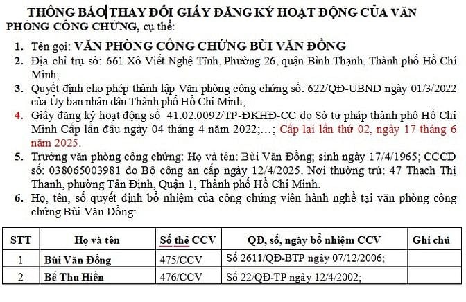 Thông báo thay đổi ĐK hoạt động của VPCC Bùi Văn Đồng