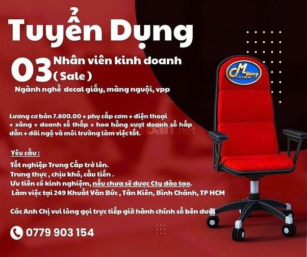  TUYỂN 03 NHÂN VIÊN KINH DOANH  MẢNG  DECAL GIẤY- MÀNG NGUỘI -VPP  