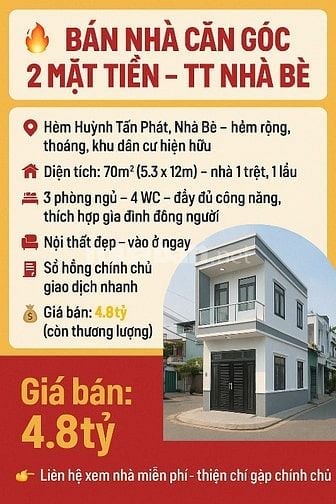 BÁN NHÀ CĂN GÓC 2 MẶT TIỀN HUỲNH TẤN PHÁT 70m2.TT NHÀ BÈ NHỈNH 4TỶ 