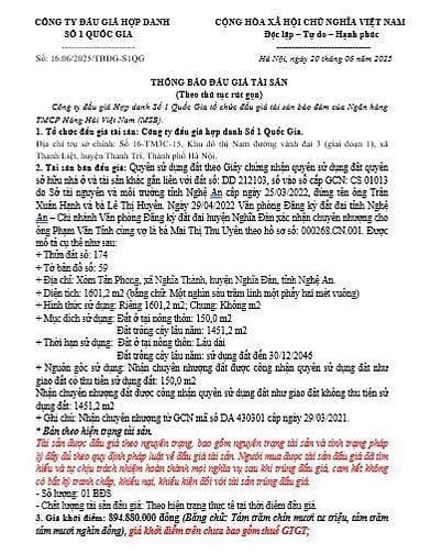 CÔNG TY ĐẤU GIÁ HỢP DANH SỐ 1 QUỐC GIA THÔNG BÁO BÁN ĐẤU GIÁ TÀI SẢN