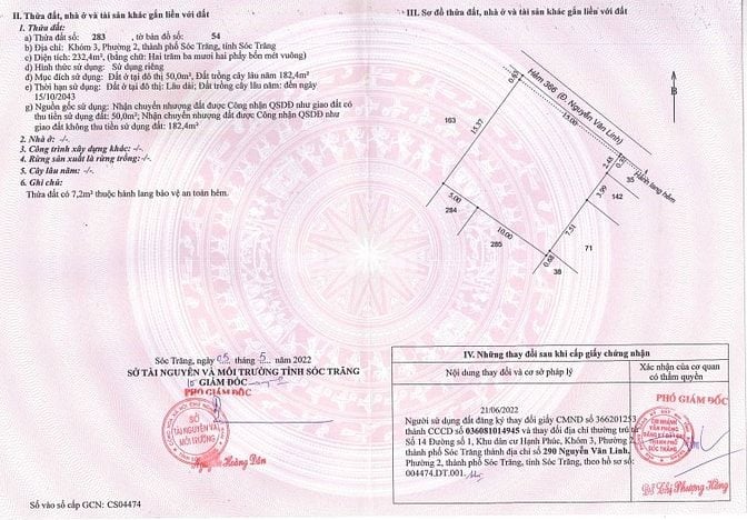 Bán 232,4m2 ODT+CLN tại Phường 2, TP. Sóc Trăng, T.Sóc Trăng