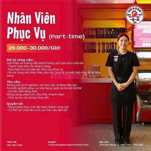 100 NV phục vụ NH Dragon Hotpot VN làm tại TTTM Vincom Q9 và Landmark