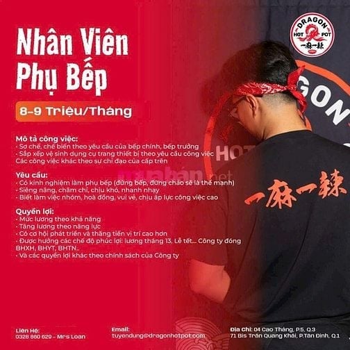 50 Phụ bếp NH Dragon Hot Pot VN thu nhập cao làm tại các Quận TP.HCM