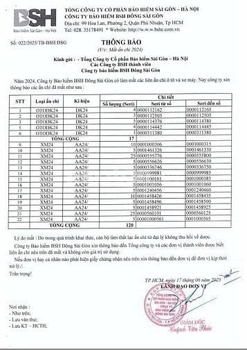 CÔNG TY BẢO HIỂM BSH ĐÔNG SÀI GÒN THÔNG BÁO MẤT ẤN CHỈ 2024