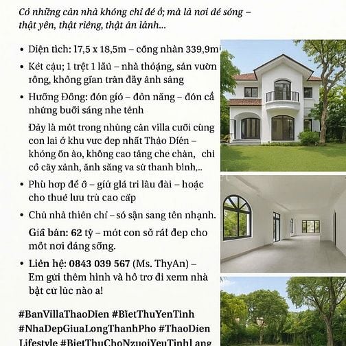 CẦN BÁN VILLA GIÁ TỐT CÒN SÓT LẠI GIỮA THẢO ĐIỀN - 350m2 - 62tỷ