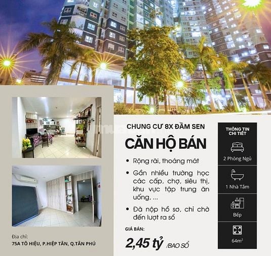 Căn hộ 64m2, 2 PN 1 WC, 8x Đầm Sen, Tô Hiệu, Q.Tân Phú