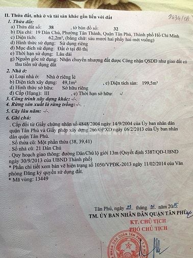 Bán Nhà Mặt tiền Nội Bộ 19 Dân Chủ Phường tân thành Quận tân Phú 