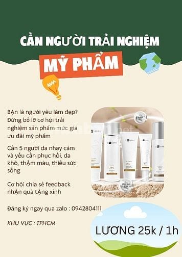 CẦN NGƯỜI TRẢI NGHIỆM MỸ PHẨM 