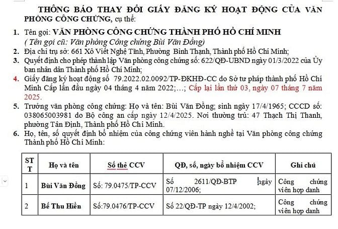 Thông báo thay đổi giấy ĐK hoạt động VPCC Bùi Văn 