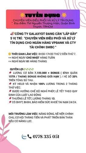 GALAXY DT tuyển NV xử lý tín dụng làm tại văn phòng