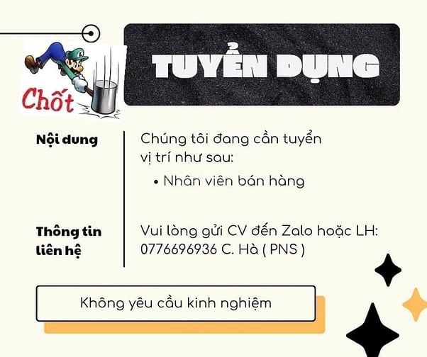 CHÍNH CHỦ CẦN TUYỂN NHÂN VIÊN BÁN HÀNG 