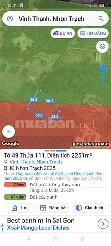 Bán 2251m2 đất lúa xã Vĩnh Thanh.Nhơn Trạch.1 tỷ 6