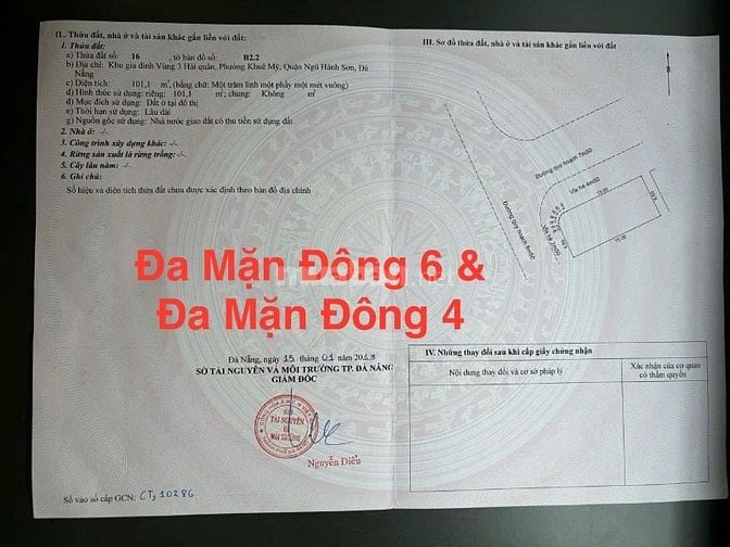Đất 2 Mặt tiền, trước Bệnh viện 600 giường Đà Nẵng,101m2,giá: 6,2 tỷ
